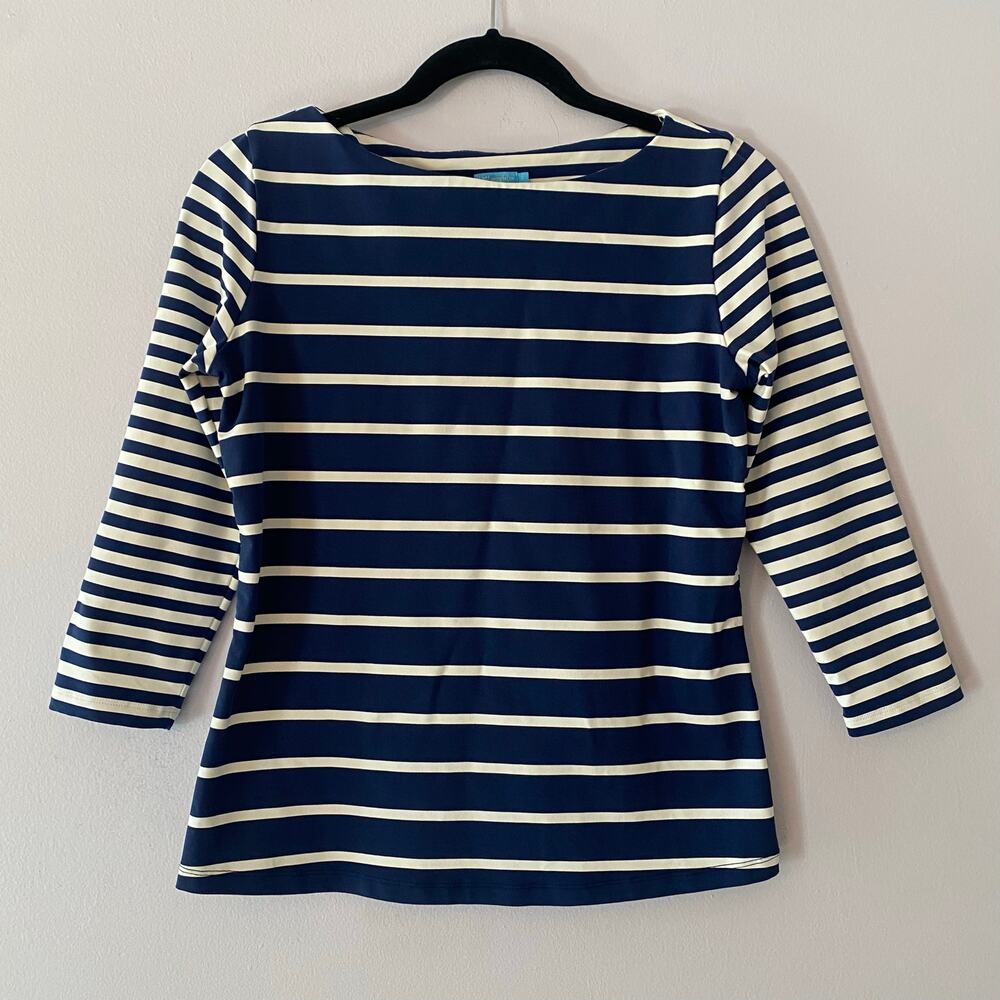 J. McLaughlin Catalina Cloth Navy White Stripe Boatneck Shirt Women's size Small